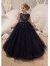 Navy Blue Lace V Back Beaded Floor Length Flower Girl Dress